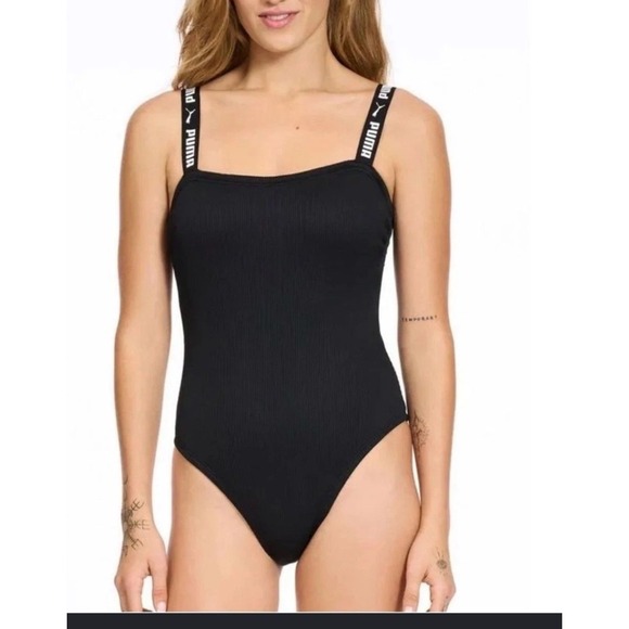 Puma Other - PUMA Womens Black Ribbed One Piece Swimsuit Logo Taped Straps Size M